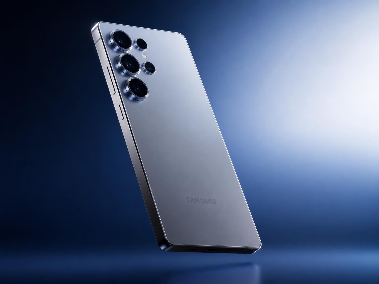 Flagship titanium smartphone floating against a deep blue studio backdrop